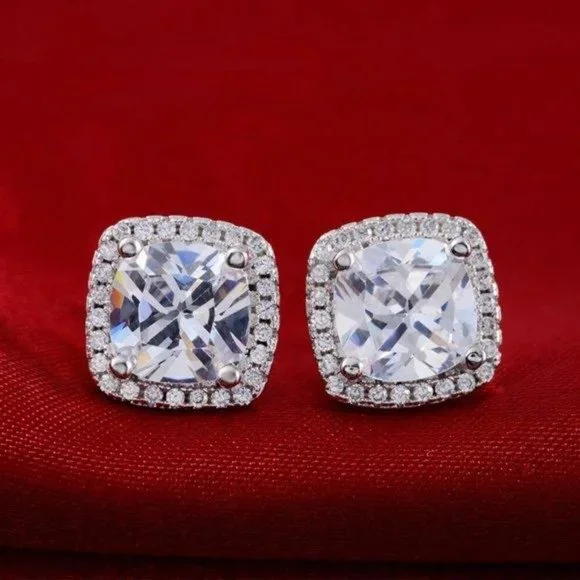 NEW Silver Cushion Diamond Halo Stud Earrings - Picture 3 of 7